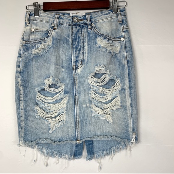 One Teaspoon 2020 Jean Mini Skirt High Waist Distressed Hendrix Blue 25 - Picture 4 of 10